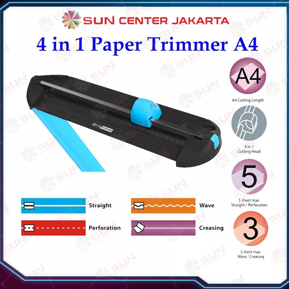 

Model Terbatas Alat Potong Kertas 4 in 1 uk A4 SUN Cutting Pro CPMT41A4 Paper Cutter Trimmer Multifungsi untuk Potong Garis Lipat Perforation Putus putus Creasing Potong Gelombang Wave