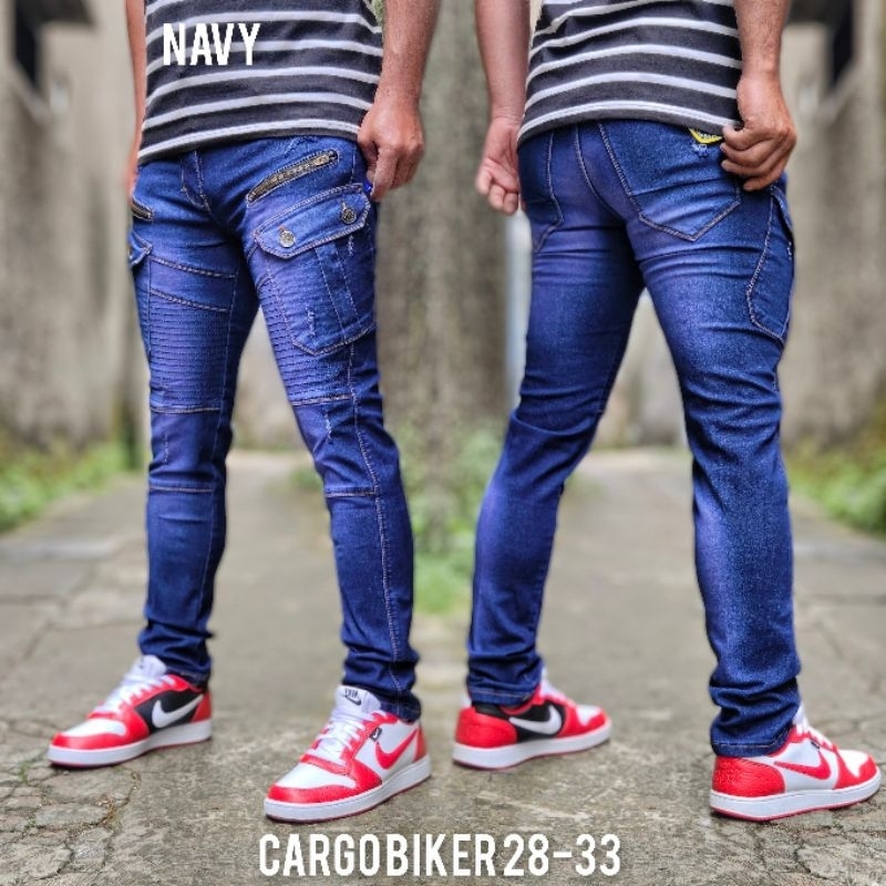 Celana Jeans Cargo Biker Resleting