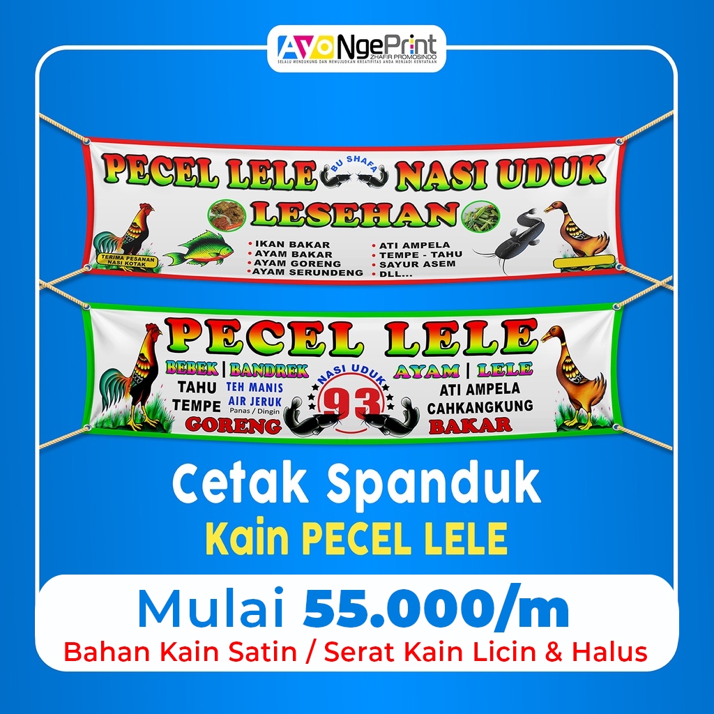 Cetak Print Spanduk Kain Warung Pecel Lele/ Sari Laut Custom Sablon Satuan - BAHAN KAIN SATIN