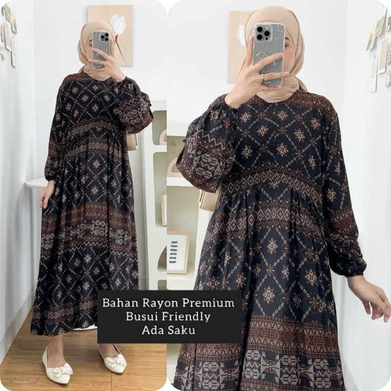 MIDI DRESS WANITA RAYON  / GAMIS RAYON ADEM BUMIL BUSUI FRIENDLY JUMBO-Songket Hitam B