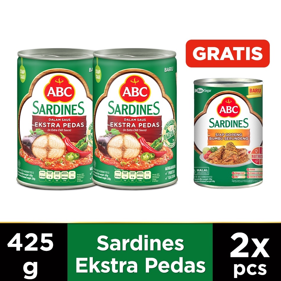

Hemat Banget ABC Sarden Extra Pedas 425g 2pcs Free Sarden Siap Goreng Bumbu Serundeng 155 g