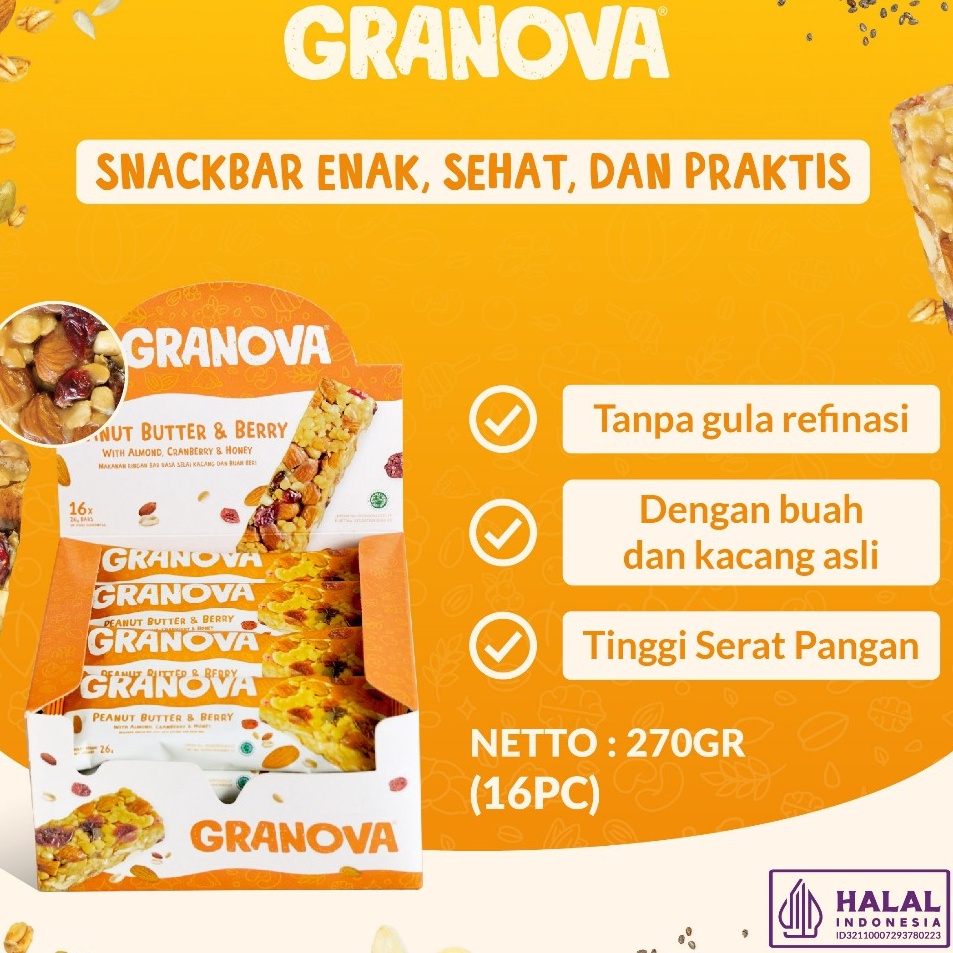 

Best Product Granova Snackbar Peanut Butter Berry 26gr x 16 pcs Rasa Selai Kacang Beri Cemilan Sehat Gandum Halal