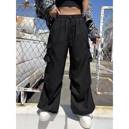 Celana Kargo Wanita Panjang Serut Highwaisth Banyak Saku Hiphop Korea Baggy Pants Harazu