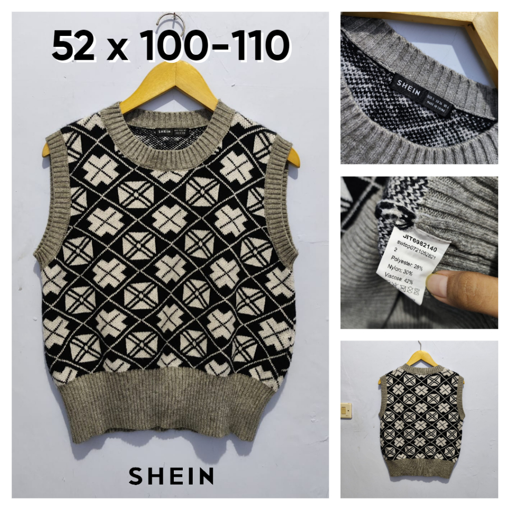 Vest SHEN Hitam Putih Abu Motif Geometric Tebal Empuk Size M Wanita Atasan Cewek Outer Rompi Knit BC
