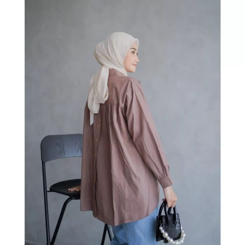 blouse kemeja wanita rika atasan hem kekinian korean style lengan panjang kancing belakang linen ram