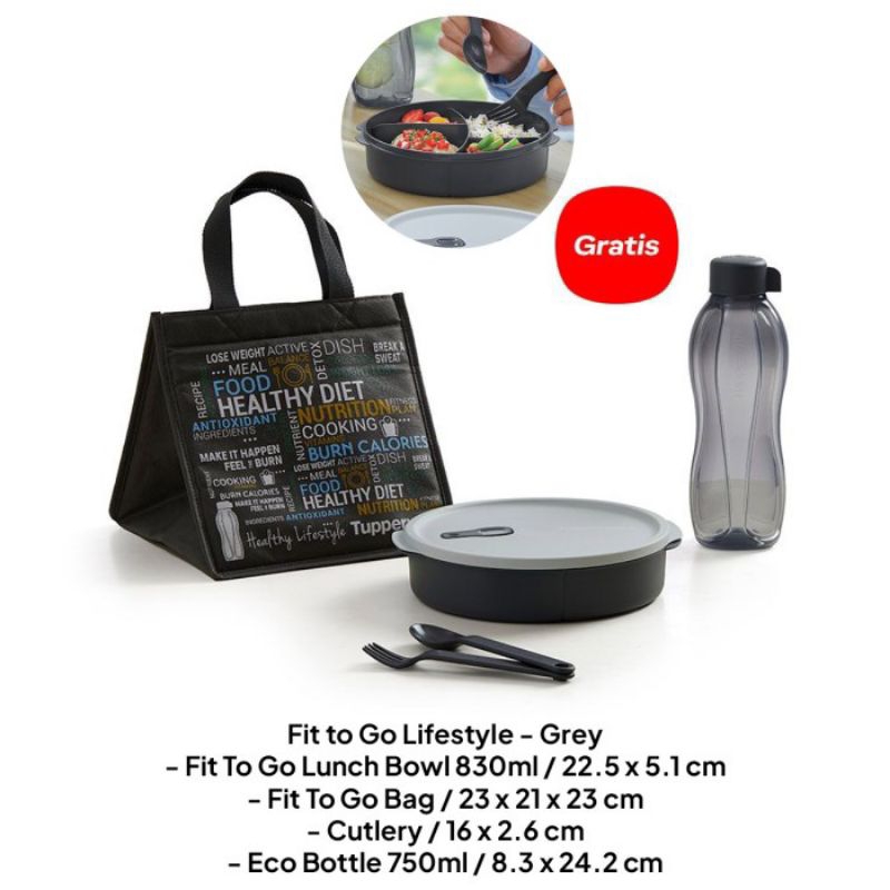 SALE  FIT TO GO TUPPERWARE - TEMPAT BEKAL SET LENGKAP - LUNCH BOX SET DENGAN TAS DAN BOTOL - TUPPERW
