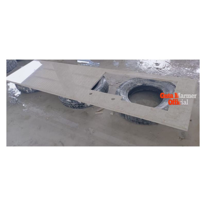 Top Table Kitchen Set Batu Marmer Putih Glosy + Lubang Wastavel