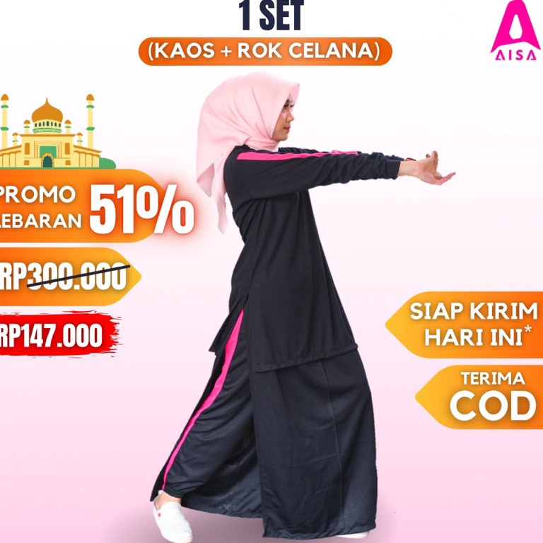 KODE S9L3 Baju Setelan Olahraga Muslimah Jumbo AISA Wanita Muslim Syari Set Rok Celana Training Paka