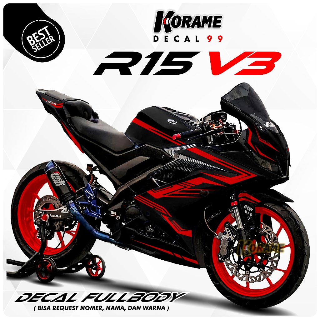 Decal Sticker R15 V3 Fullbody Motif List Racing Hitam Merah