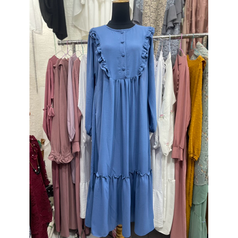 Gamis wanita Dress muslim bahan crincle warna biru denim
