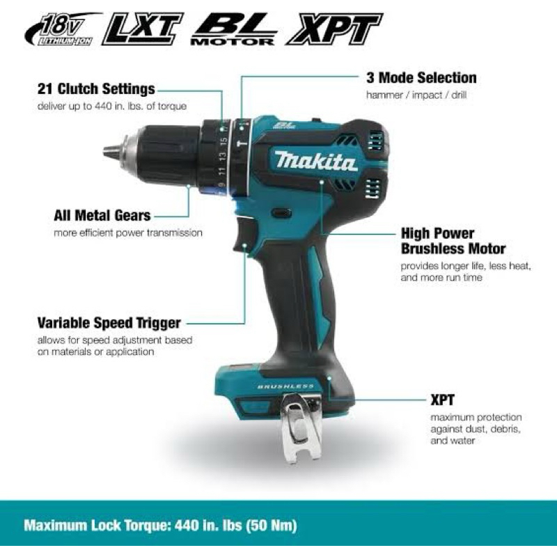 Makita Mesin Bor Obeng Baterai DHP485F001 Cordless Hammer Driver Drill Brushless DHP 485 F001