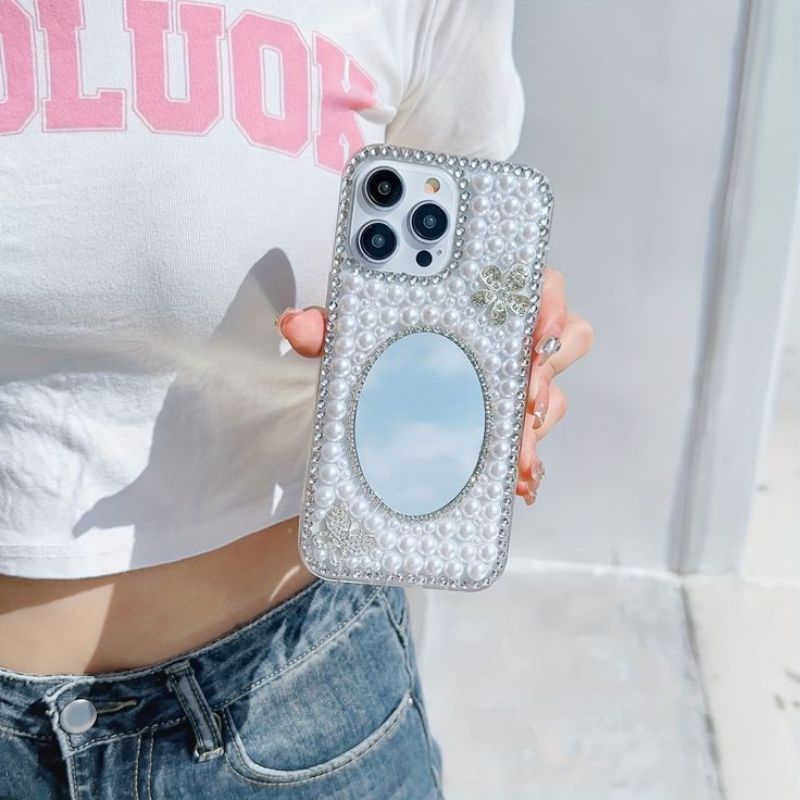 SQL SHOP Case bling cermin flower mutiara | Phone case bling bling | Case hp bling mewah