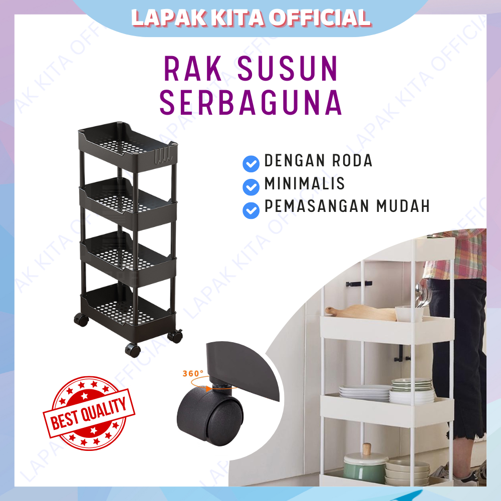 Rak susun serbaguna wadah rak plastik dengan roda 4 tingkat keranjang susun portable multifungsi