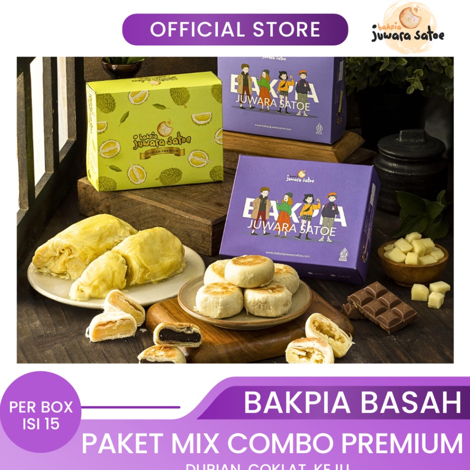 

Kualitas Terbaik BAKPIA JUWARA SATOE 3 Box Paket Mix Combo Bakpia Basah Durian Coklat Keju Oleh Oleh Khas Jogja