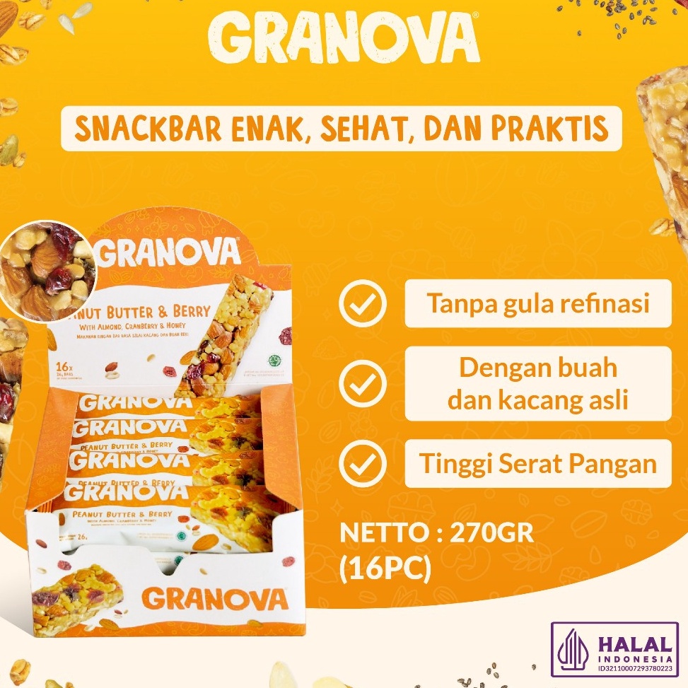 

Lariz manis Granova Snackbar Peanut Butter Berry 26gr x 16 pcs Rasa Selai Kacang Beri Cemilan Sehat Gandum Halal