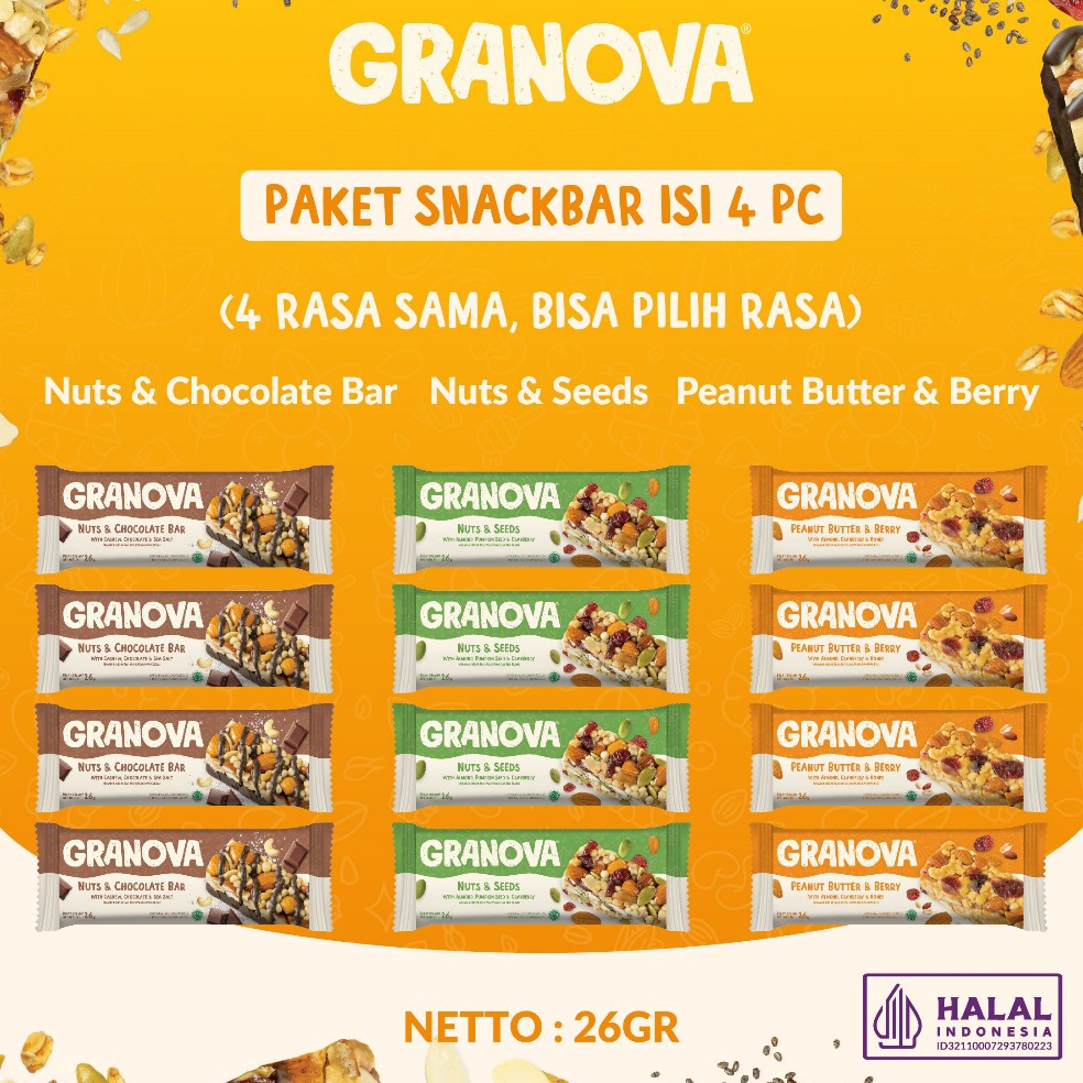 

Dijual Granova Snackbar 26gr x 4 pc Rasa Original Peanut Butter Berry Selai Kacang Buah Beri Nuts Chocolate Kacang Coklat Cemilan Sehat Gandum Halal