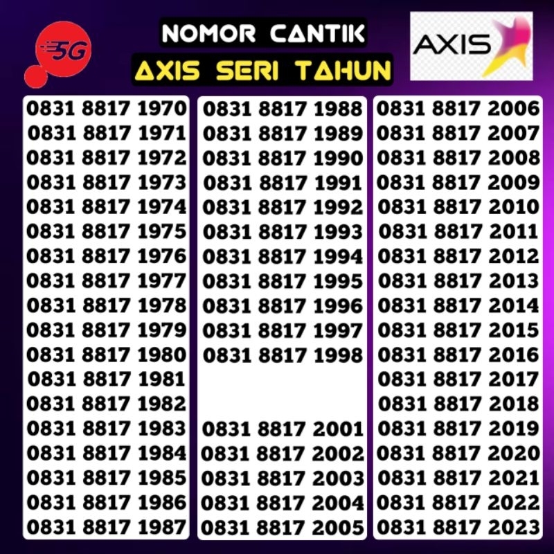 Nomer Nomor Cantik AXIS 4G LTE Seri Tahun Lahir Murah