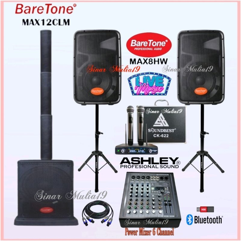 Paket Sound System Live Musik Speaker Satelite BareTone MAX12CLM Speaker BareTone MAX8HW Power Mixer
