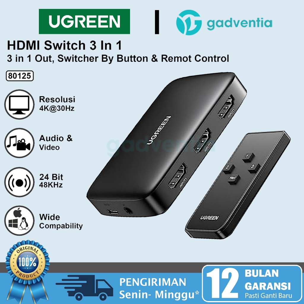 UGREEN HDMI Switcher 3 in 1 Out 4K/3D with Remote 80125 Untuk Nintendo Switch Tv Komputer Laptop