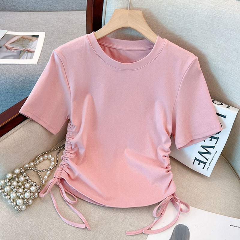 Kaos serut leher bulat warna pink terbaru / kaos crop wanita korea / T-shirt ketat melar warna solid