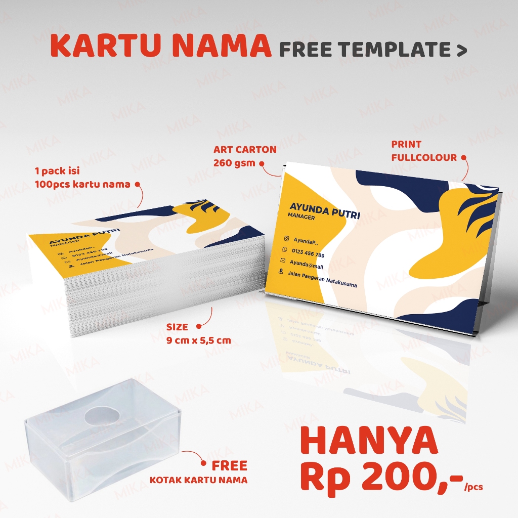 

Kartu Nama Custom Free Box Bahan Art Paper 260gr 1 sisi dan 2 sisi Murah Ekonomis Free Template