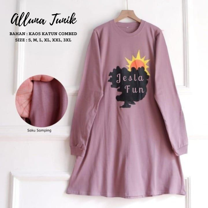 Tunik Kaos Jumbo Lengan Panjang Alluna Tunik BO Size S M L XL XXL XXXL Bahan Kaos Katun Combed Aplik