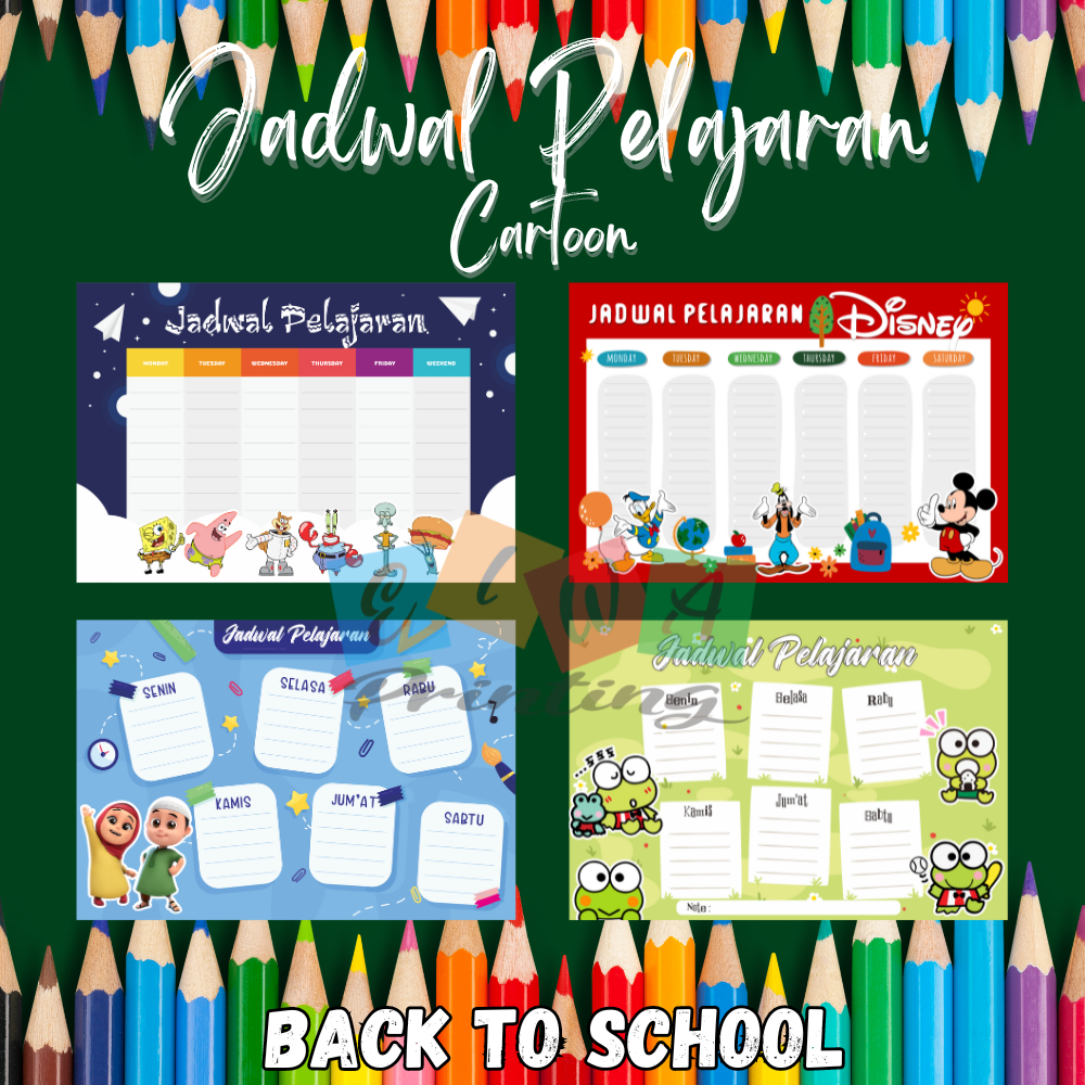 Poster Jadwal Pelajaran Motif Cartoon Poster Mata Pelajaran Wipe and Clean  Jadwal Mata Pelajaran Ke
