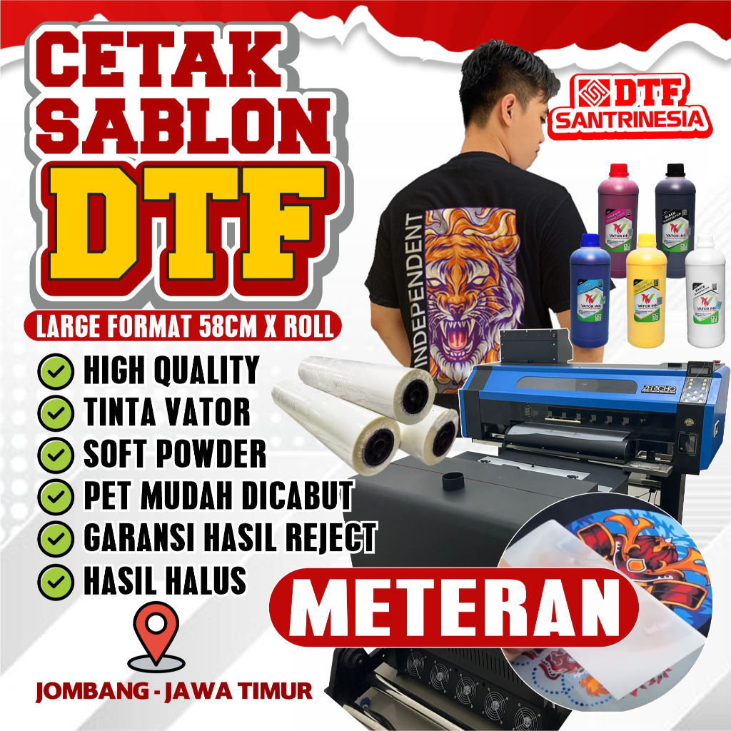 

Cetak DTF Meteran Lebar 58cm Putih Tebal High Quality Bergaransi / Jasa Cetak Print DTF Meteran 58 CM / Sablon Setrika Bergaransi Varian PER-METER