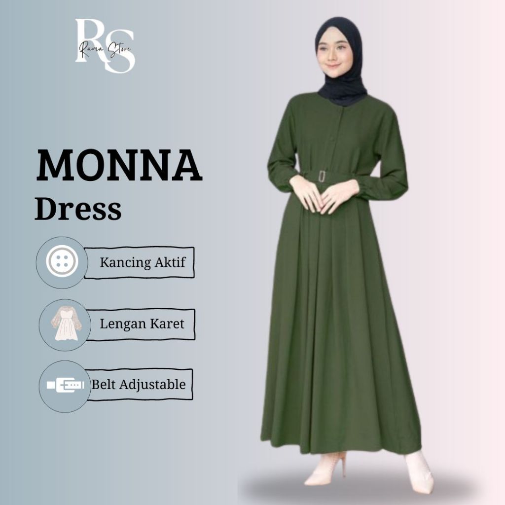 Gamis Monna Dress Sandira Belt Busui Friendly Syar'i Muslimah Jumbo Terbaru Gamis Polos Warna Army