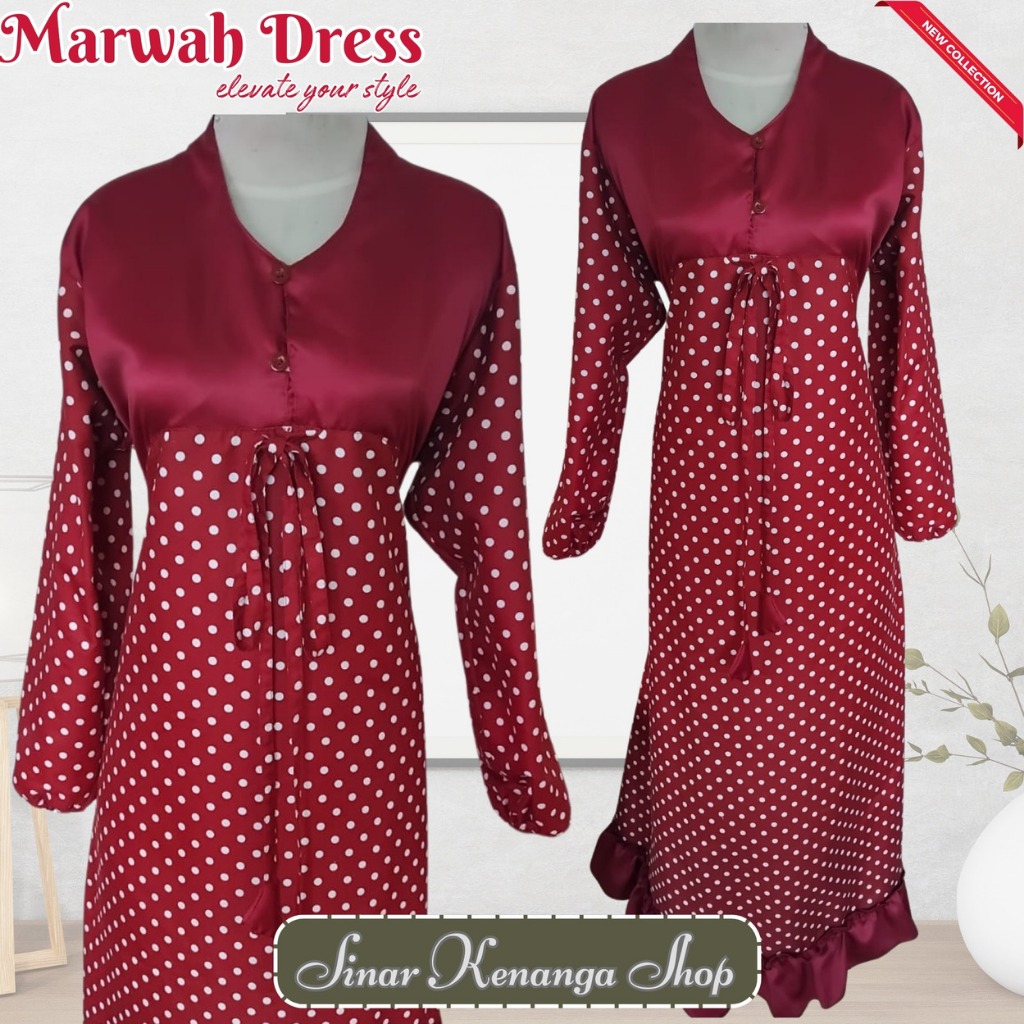 Marwah Dress Baju Gamis Muslimah Merah Putih Katun Polkadot Kombinasi Santai Pengajian S M L XL