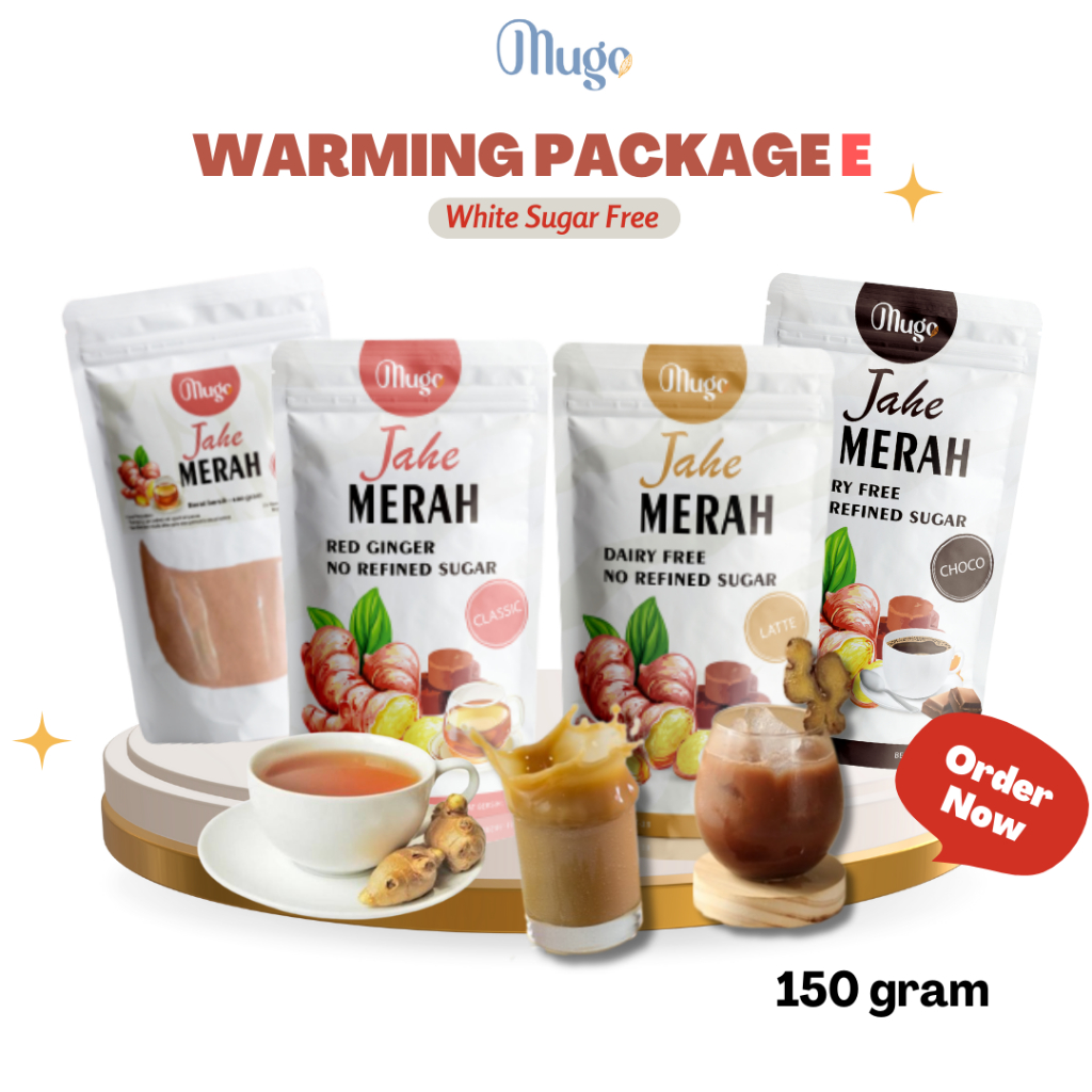 

Warming Package E (Jahe Merah CLASIC, LATTE, CHOCO, EXTRACT) White Sugar Free