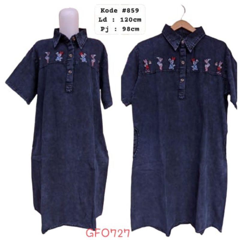 GFO727 Dress Wanita Jeans Denim kancing Jumbo LD120 pj98 bordir mickey dan donald duck