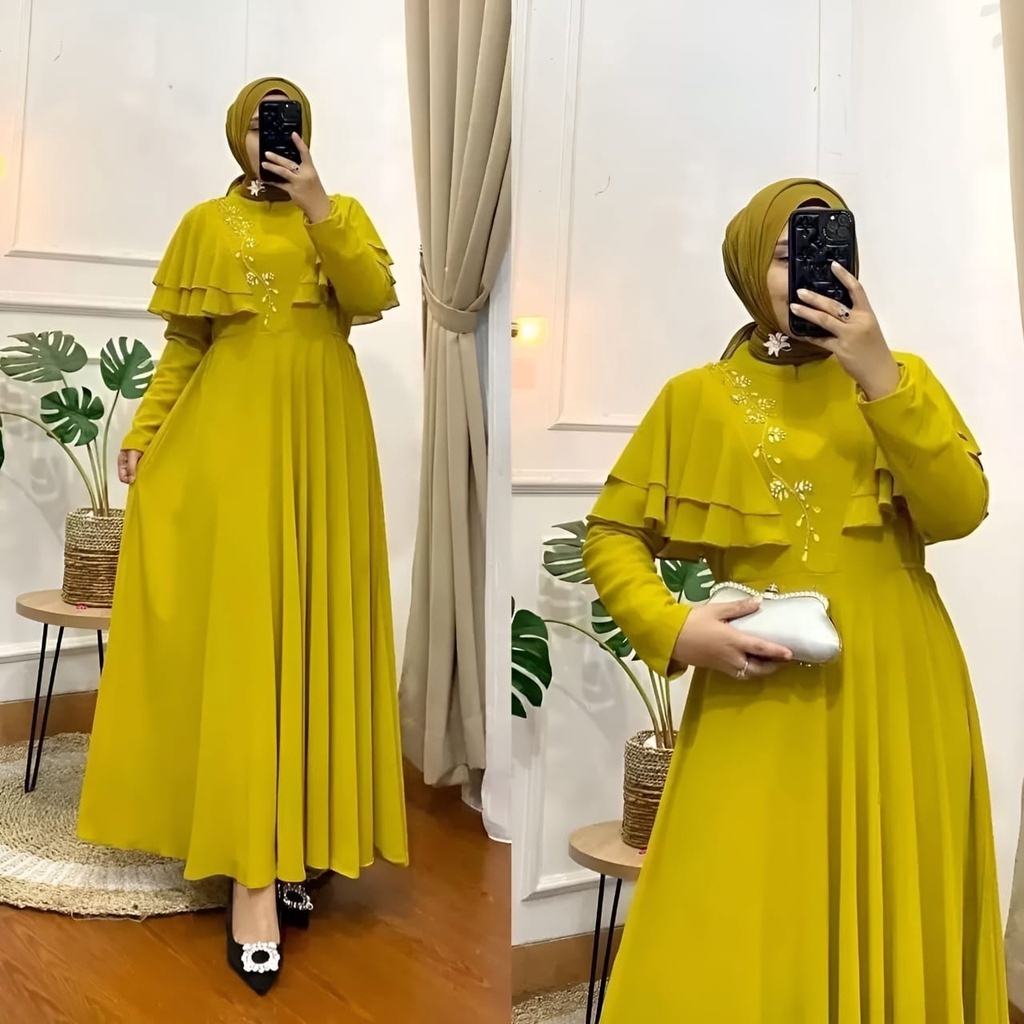 Gamis Maxy Ceruti / Ceruty Kondangan Lebaran Polos Lemon Kuning Lime Jumbo Cantik Terbaru 2024 XXL X