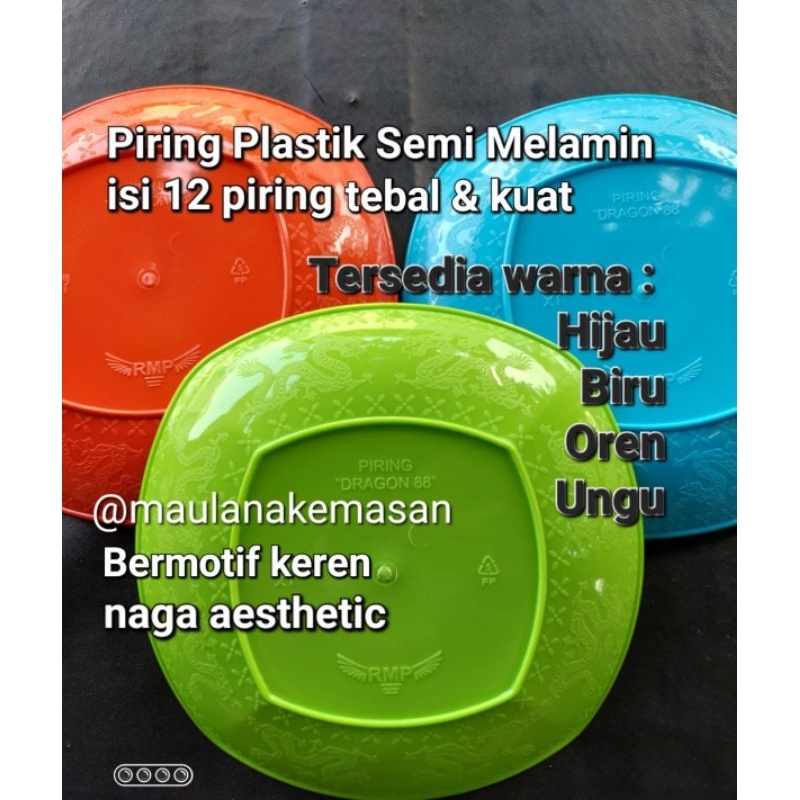 Piring plastik semi melamin isi 12 pcs Lebar 26 cm motif naga warna oren biru hijau ungu tebal kuat 