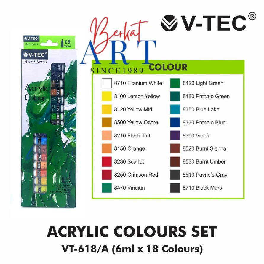 

ART P63F VTEC ACRYLIC COLOURS 18 WARNA CAT AKRILIK VTEC SET 6ML