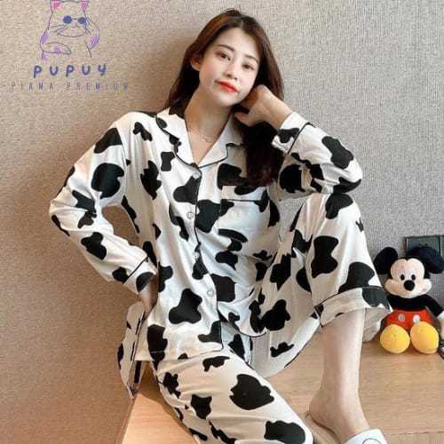 Pupuy Piyama Premium Piyama Wanita Set Kemeja Dewasa Korea Motif Sapi Baju Tidur Fashion Krah Kancin
