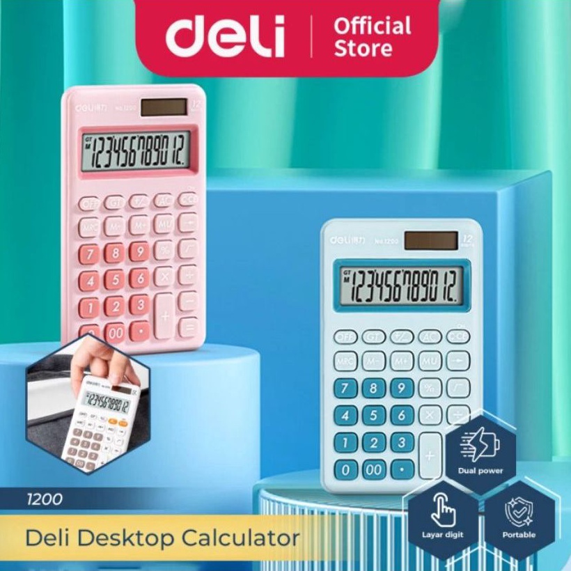 

KODE I8W4 Deli Mini Desktop Calculator Kalkulator Meja Mini Portable Dual Power 3 Warna 12