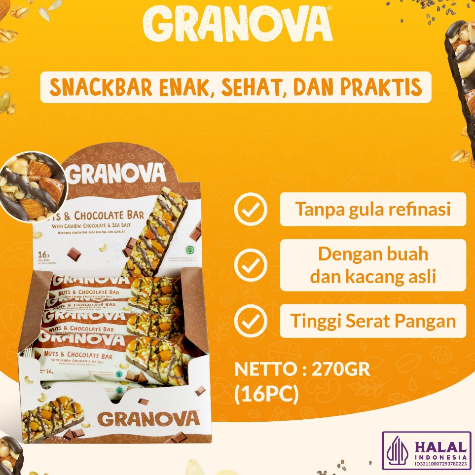 

Spesial Granova Snackbar Nuts Chocolate 26gr x 16 pcs Rasa Coklat Cemilan Sehat Gandum Halal