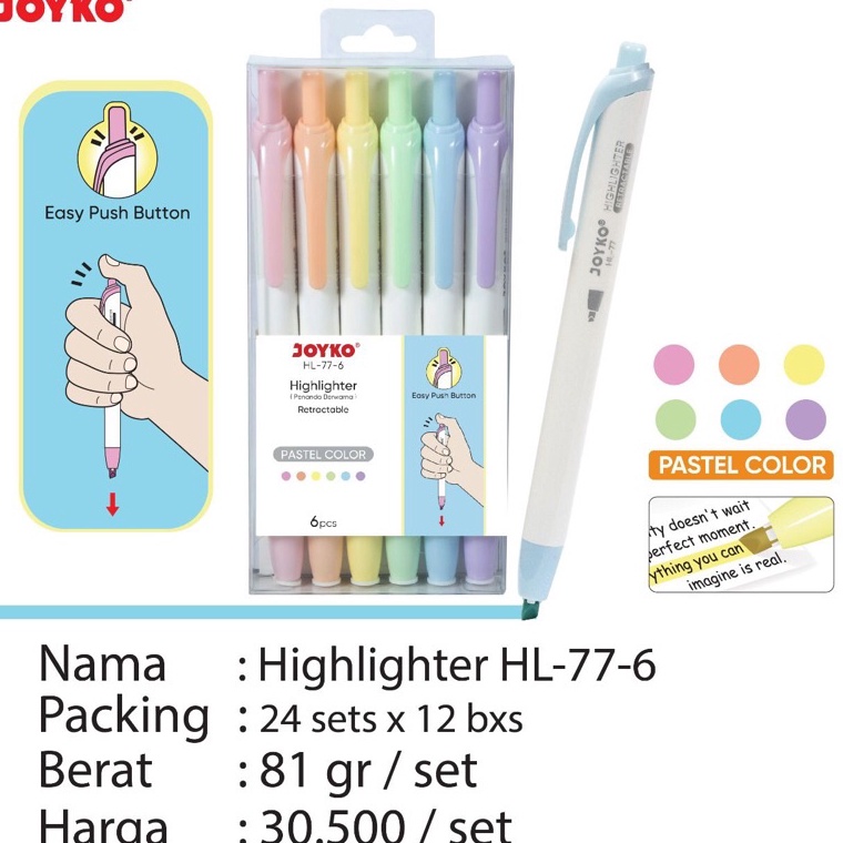 

KODE V2E3 HL 77 6 Retractable Highlighter Set JOYKO Penanda Cetrek 6 Warna Pastel harga 1 set Stabilo Pastel Color HL776 HL 77 6