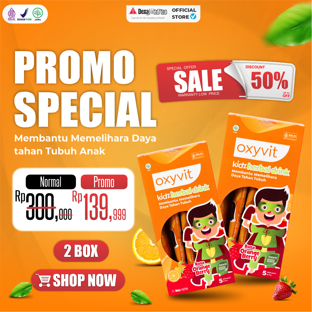 

[2 Box] Promo Special Oxyvit Kidz Herbal Drink - Bantu Menjaga Daya Tahan Tubuh Anak @5 Stickpack Rasa Orange Berry