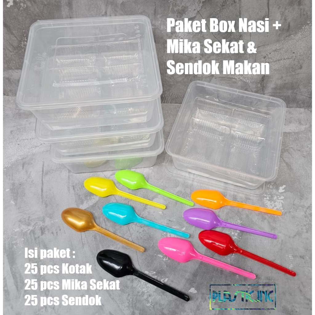Paket Box Nasi Lengkap (25 Pcs Kotak + 25 Pcs Mika Sekat4 + 25 Pcs Sendok Makan Warna)