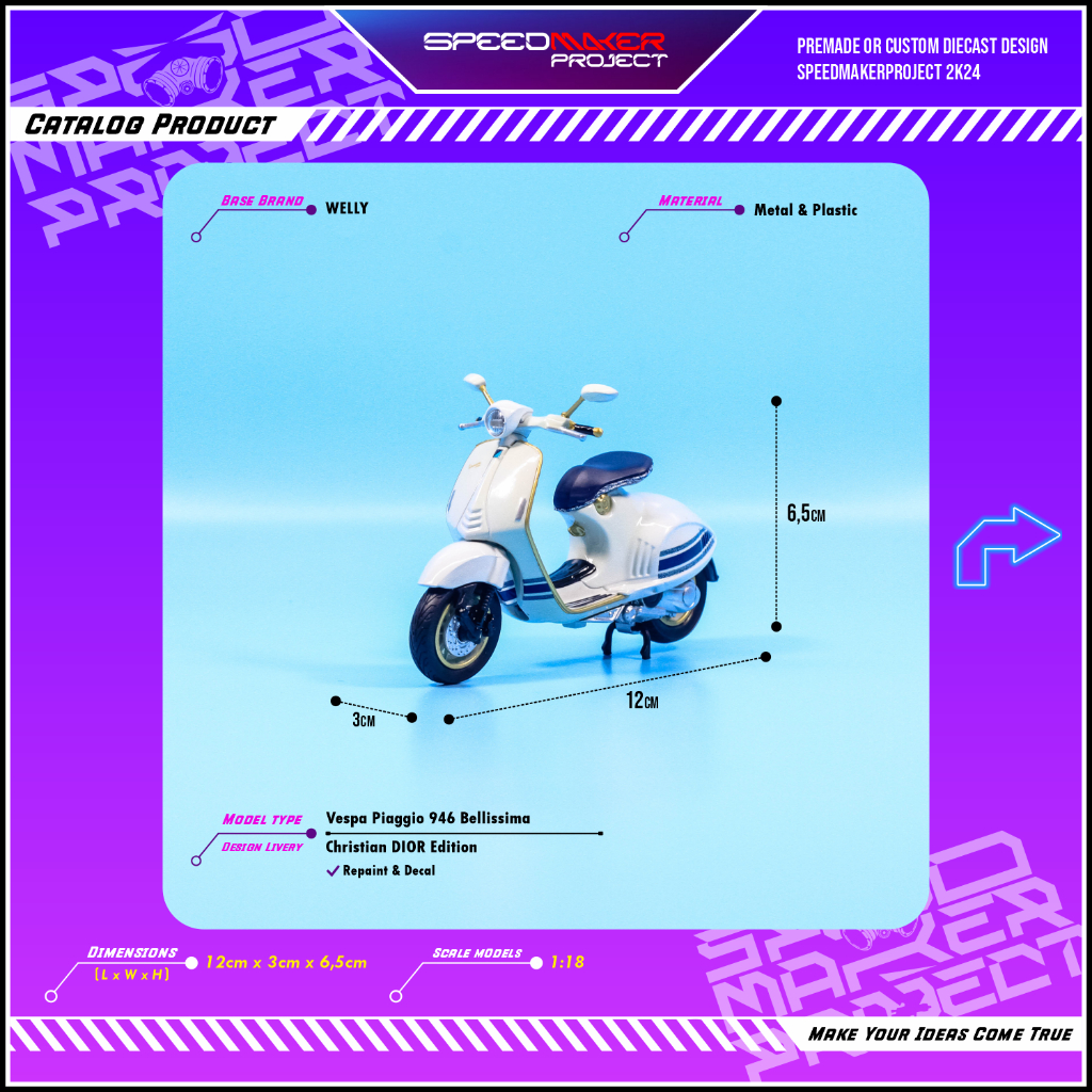 Welly Custom Vespa 946 Bellissima Christian DIOR Diecast Miniatur Motor Scooter Bike 1:18 Scale