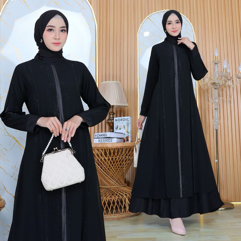 GAMIS ABAYA TURKEY BORDIR BELAH SAMPING FULL HITAM MEWAH TERLARIS DIVVSAA.COLLECTION-Innayah Pita