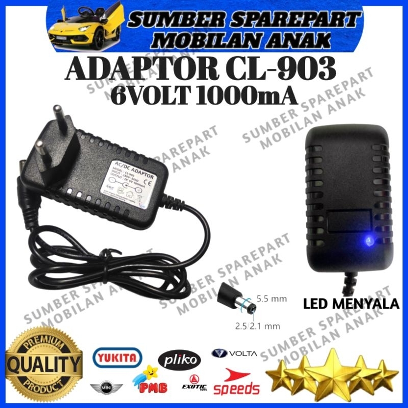 TERMURAH ADAPTOR/CHARGER CL 6VOLT 1000mA  MOBIL AKI ANAK MOTOR AKI ANAK PLIKO YUKITA PMB MINI SPEEDS
