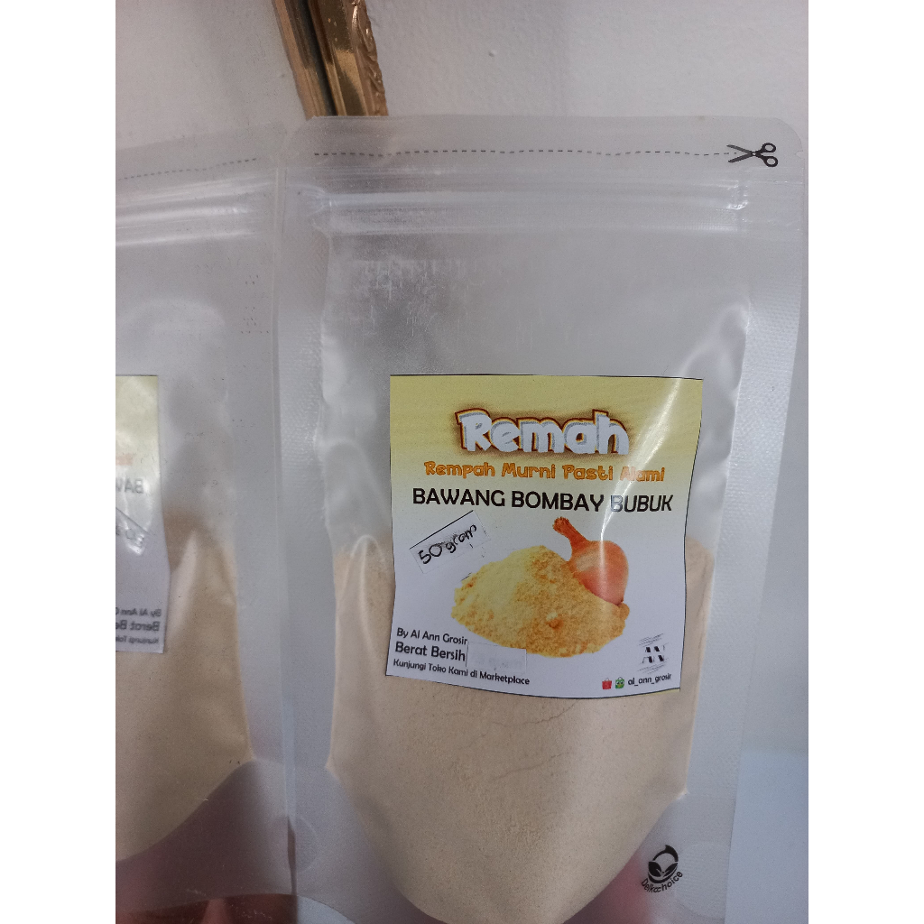 

Bawang Bombay bubuk kemasan standing pouch 50 gram, Onion powder merek "Remah" Rempah Alami Pasti Murni