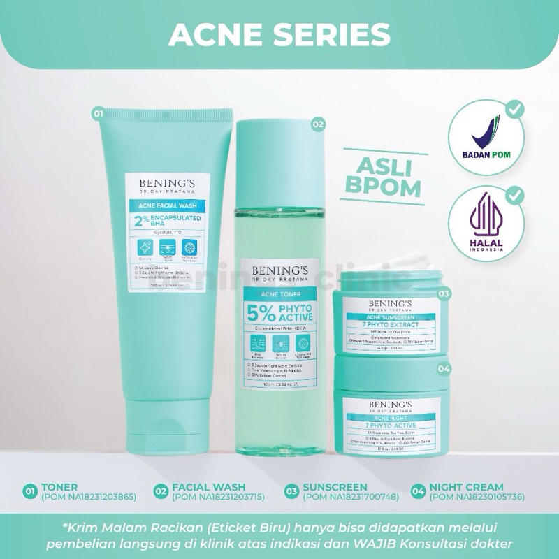 Bew benings promo Paket Acne Series Skincare, Paket jerawat dan bruntusan | Paket hemat Benings Clin