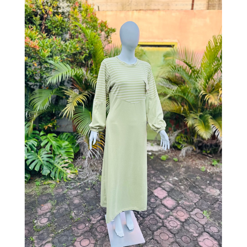 Naira Dress Gamis Knit Premium Kombinasi Motif Salur Polos Wudhu Friendly