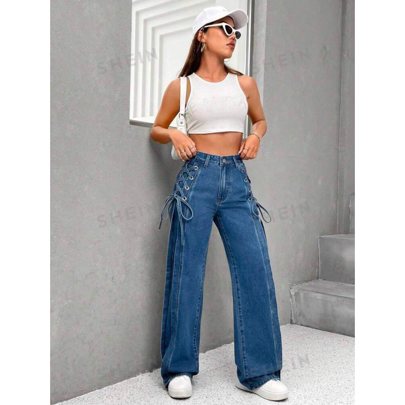 SHEIN || High Waist Lace Up Side Jeans