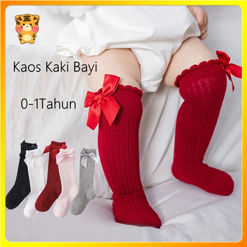 KAOS KAKI BAYI PEREMPUAN PANJANG SELUTUT DENGAN AKSEN PITA/Kaus Kaki Bayi/Kaus Kaki Anak Perempuan/C