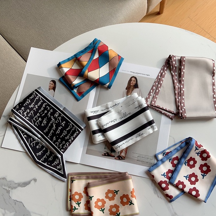 STOK SIAP COD HIGHEND KOREAN SILK SCARF BAG SHAWL RIBBON STYLE FLOWER LETTER BASIC MOTIF TWILLY FEMA